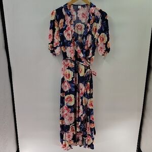 Old Navy Wrap Dress Medium Ruffled Tie Belt Midi Pink Blue